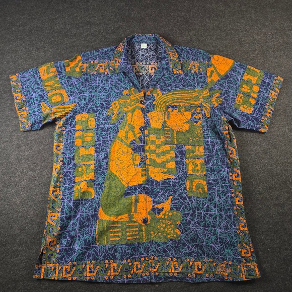 Felix Other - Vtg Button Down Camp Shirt Mexico Aztec Mayan Batik Graphic Print Men's XL